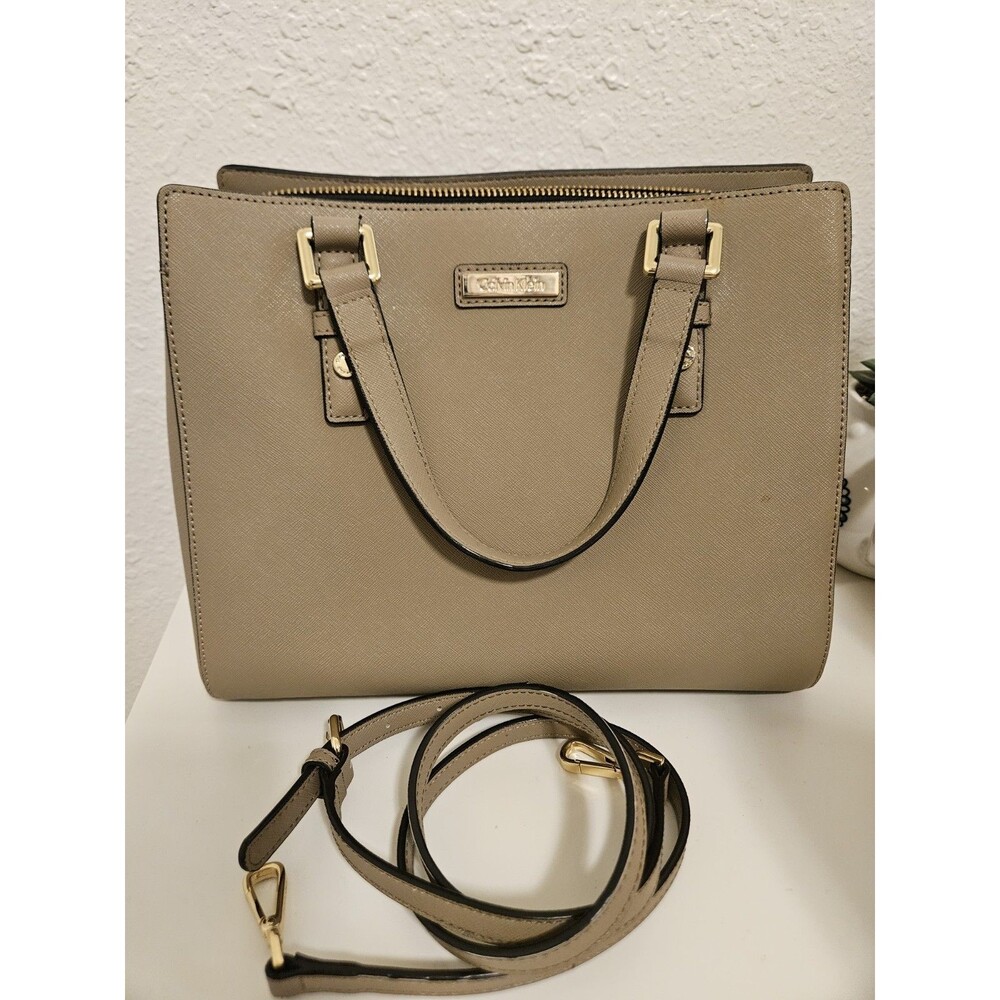 Calvin Klein Taupe Satchel Gold-Color Hardware Detachable Adjustable Strap
